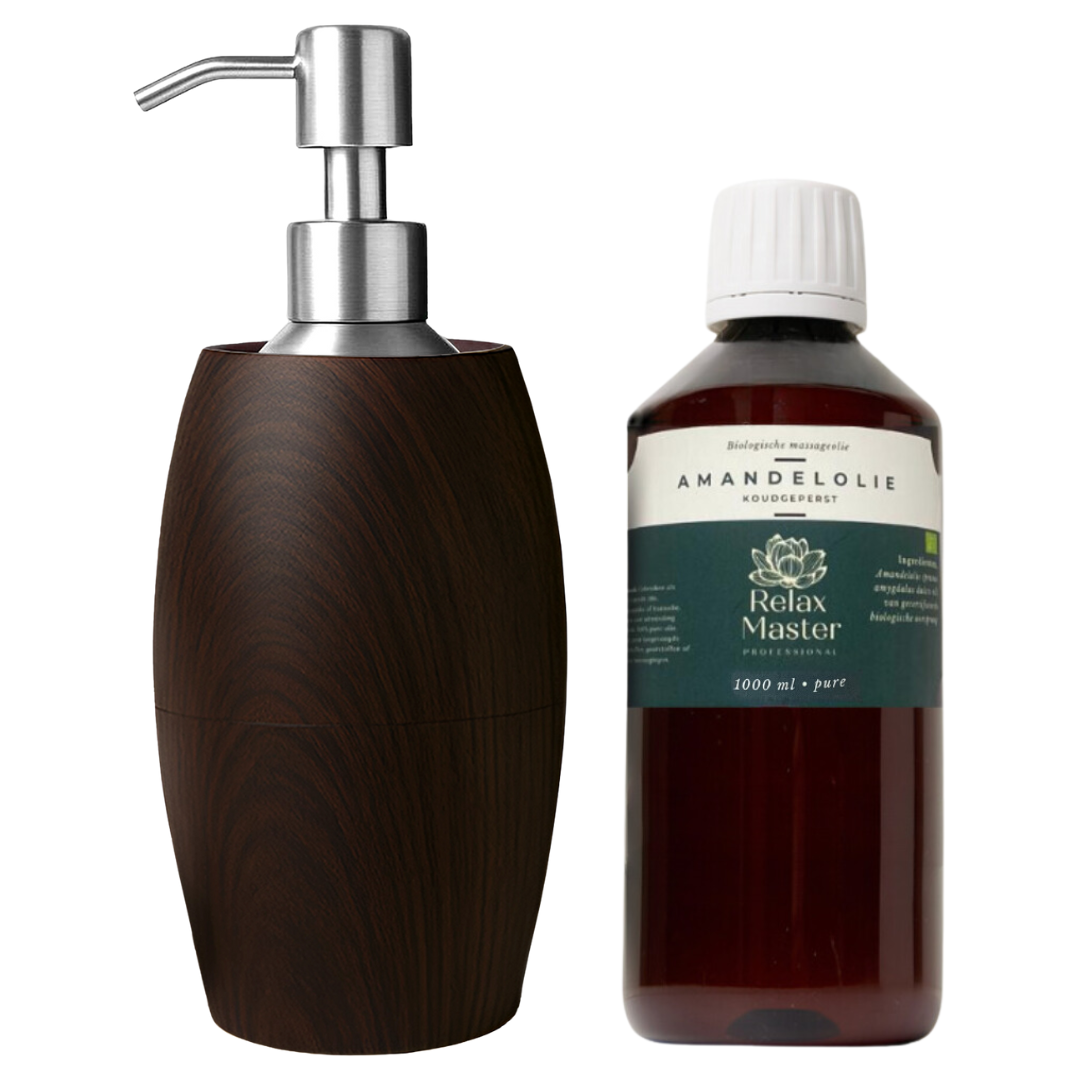 Massage Oil Heater Flaming Wood-Look dark including 1000ml massage almond oil obtained organically