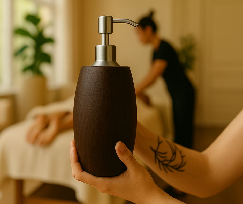 Massage Olieverwarmer Flaming Hout-Look donker inclusief 250ml biologische amandelolie