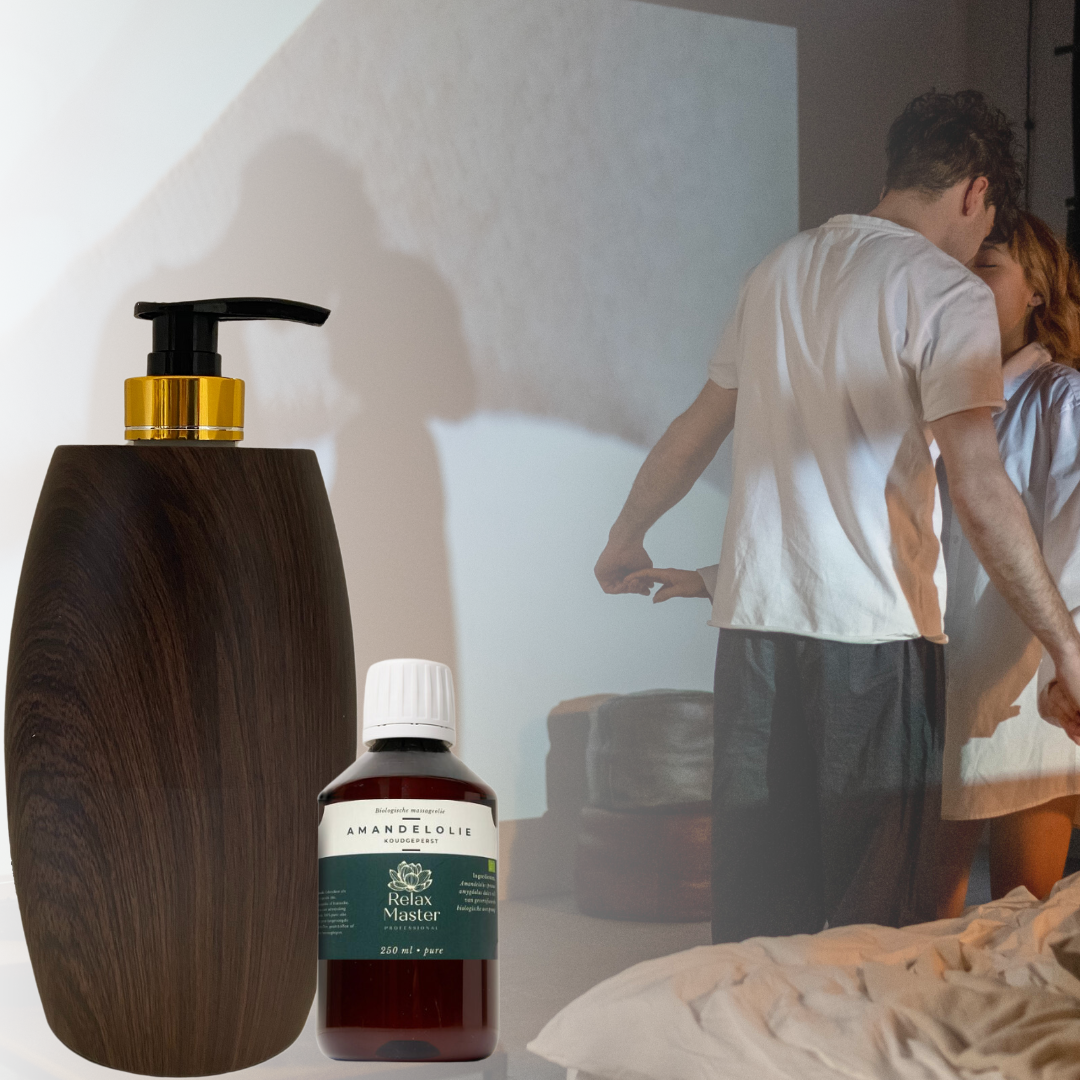 Massage Olieverwarmer Flaming Hout-Look donker inclusief 250ml biologische amandelolie