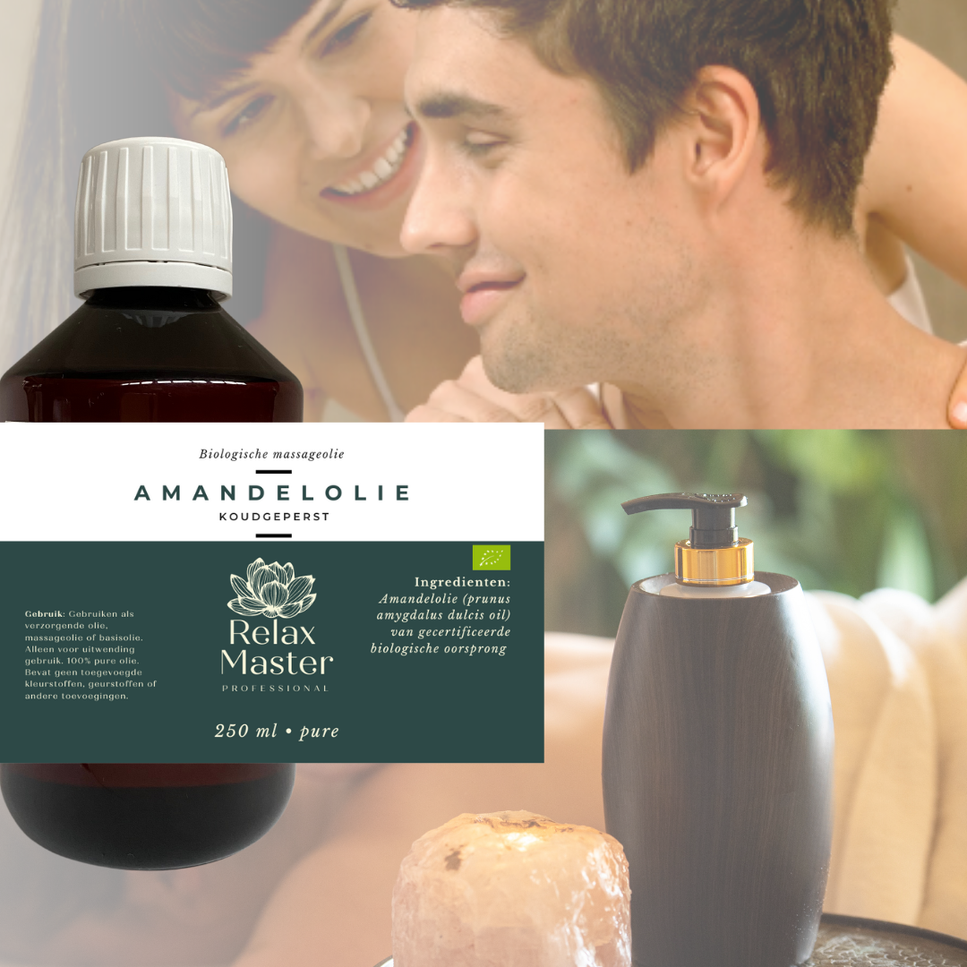 Massage Olieverwarmer Flaming Hout-Look donker inclusief 250ml biologische amandelolie