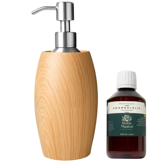 Massage Oil Heater Flaming Wood-Look light including 250ml massage almond oil obtained organically