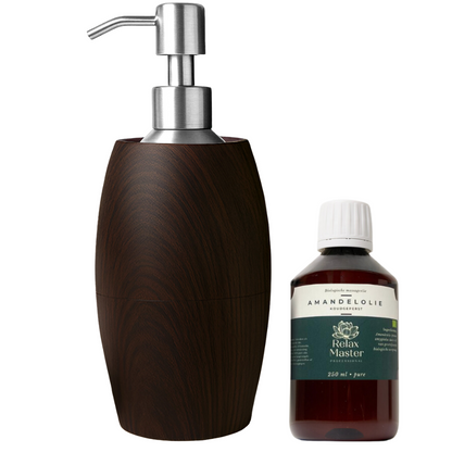 Massage Olieverwarmer Flaming Hout-Look donker inclusief 250ml biologische amandelolie