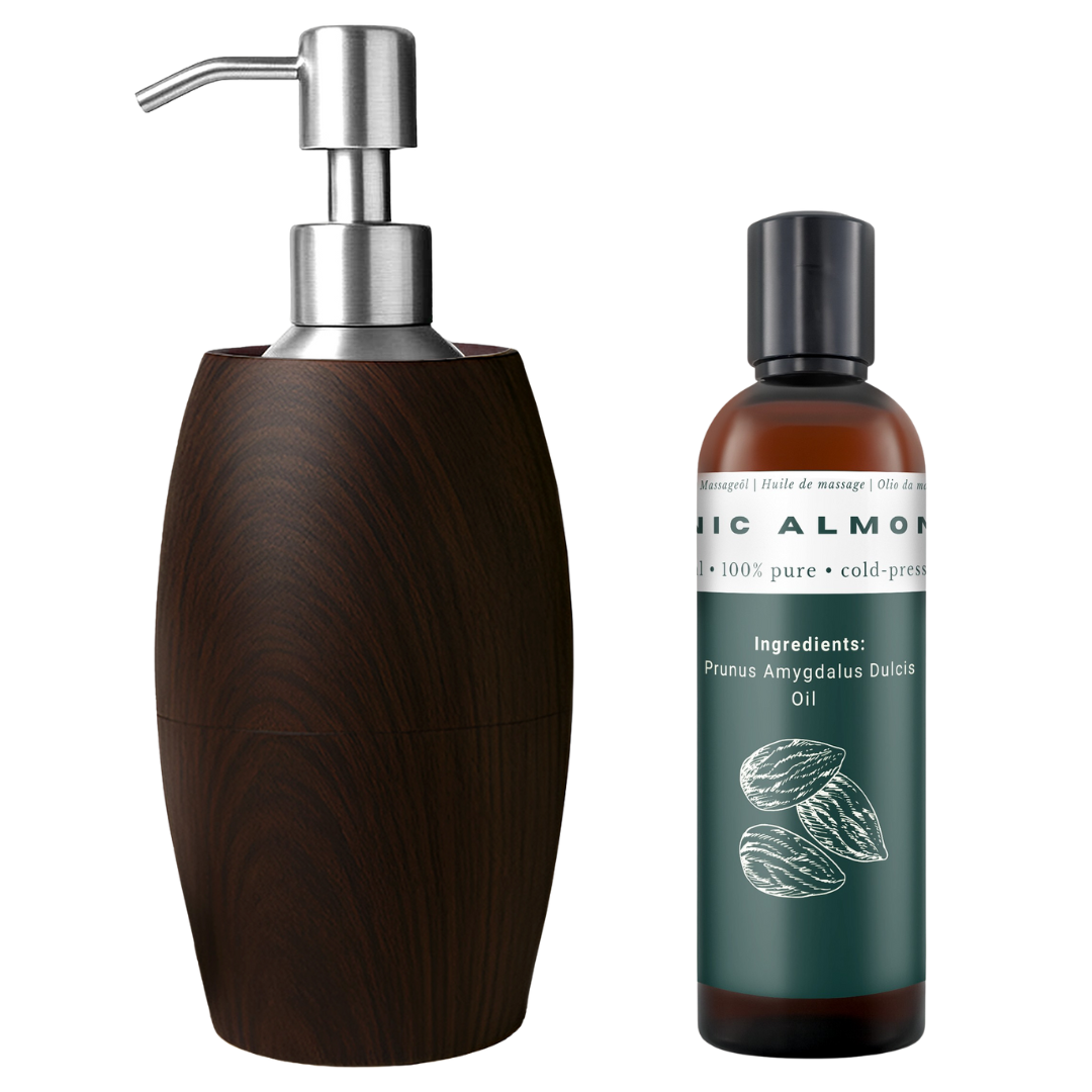 Massage Olieverwarmer Flaming Hout-Look donker inclusief 250ml biologische amandelolie