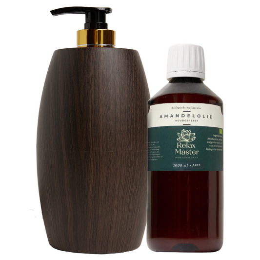 Massage Oil Heater Flaming Wood-Look dark including 1000ml massage almond oil obtained organically