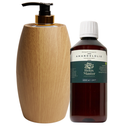 Massage Oil Heater Flaming Wood-Look light including 1000ml massage almond oil obtained organically