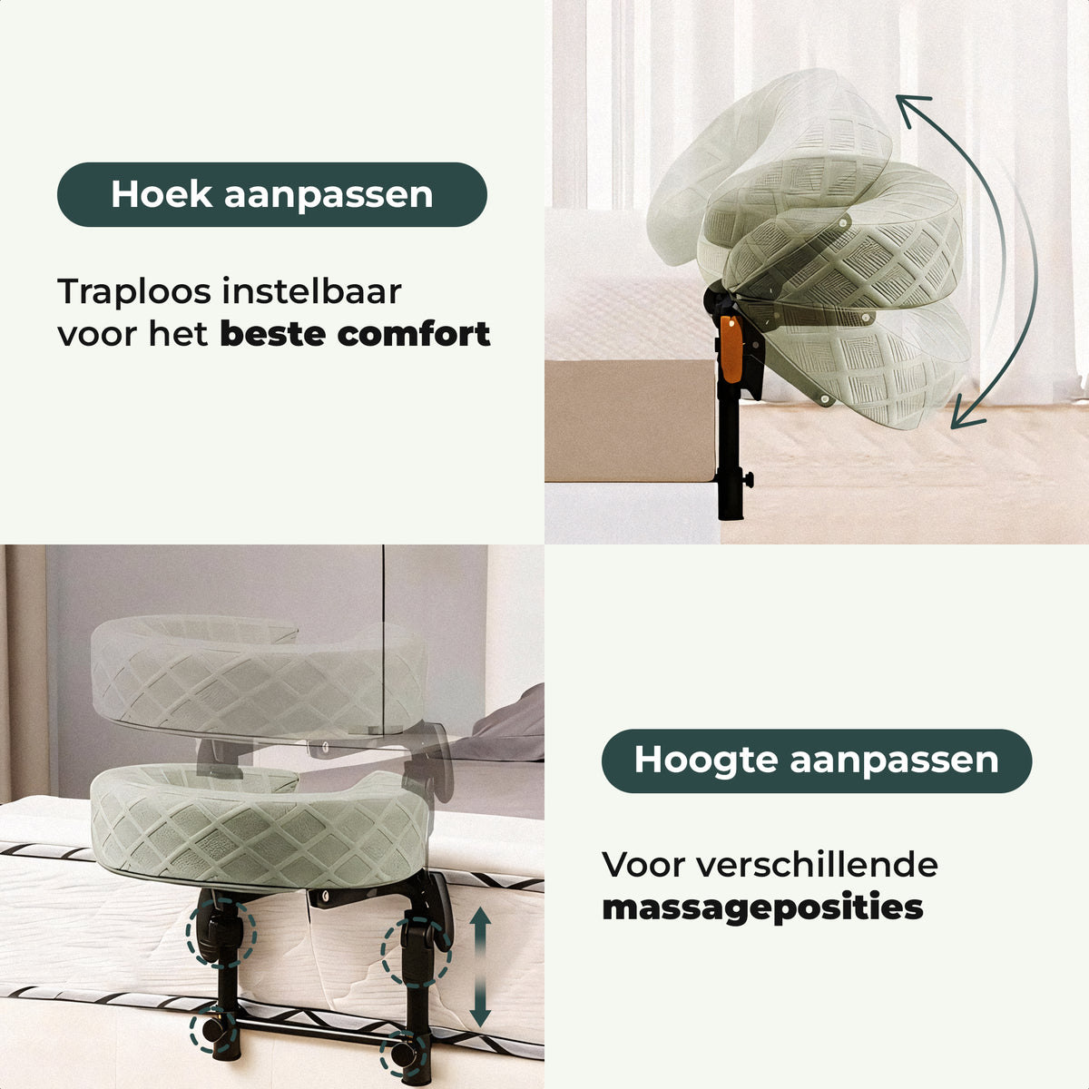Hoek en hoogte van de massage hoofdsteun traploos verstelbaar