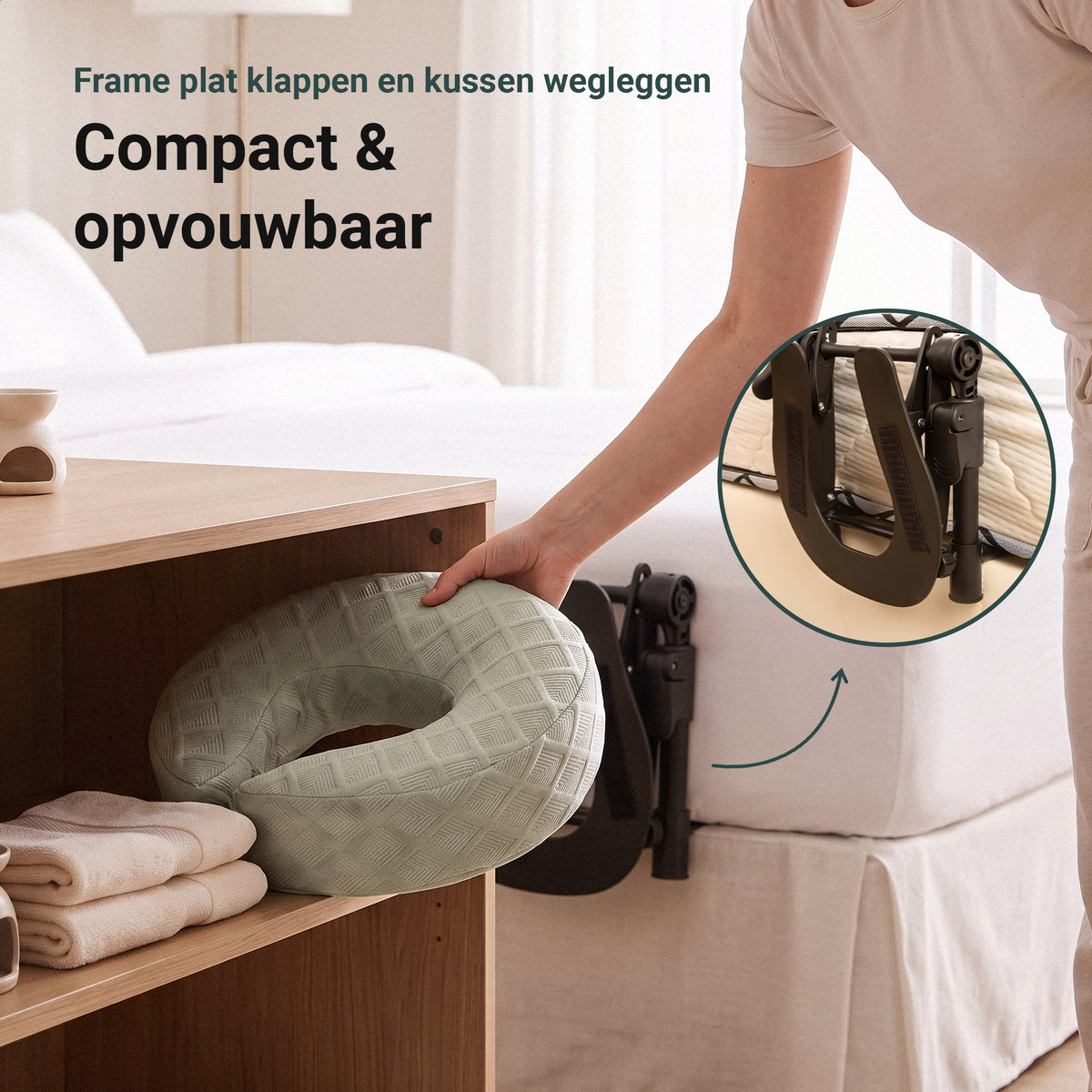 Compact en opvouwbaar frame, kussen eenvoudig op te bergen