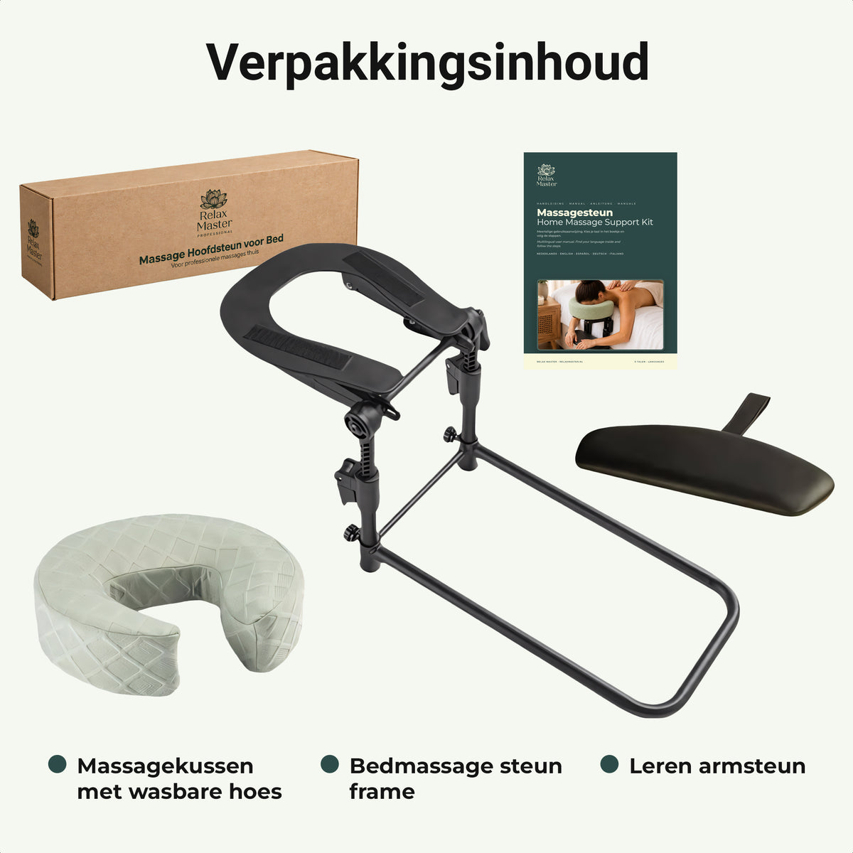 Verpakkingsinhoud: massagekussen, steunframe, leren armsteun en handleiding